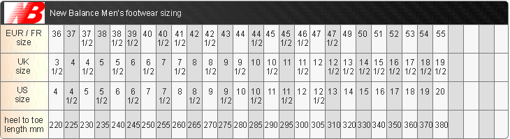 New balance size deals chart nz